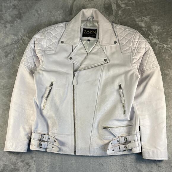 zayn Other - Zayn Leather Jacket Mens XL White Biker Moto Real Leather Zip Buckle Distressed